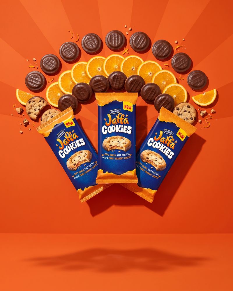 Three McVitie's Jaffa Cookies packs fanned out beneath an arc of orange slices and half-chocolate-coated cookies on vivid orange.