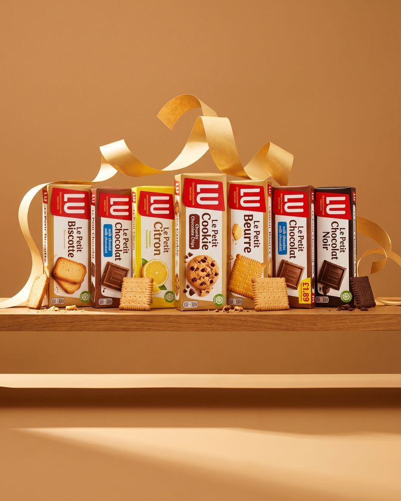 Seven LU Le Petit biscuit packs in a row along a timber shelf, a gold wrapper ribbon curling behind them and loose petit beurre biscuits at their feet.