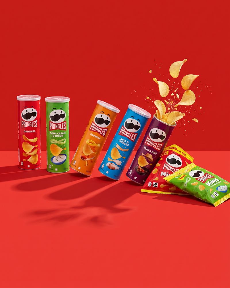 Five Pringles 40g tubes leaning in a line on red — Original, Sour Cream & Onion, Paprika, Salt & Vinegar and Texas BBQ — with crisps flying from the last tube and two Minis bags beside them.